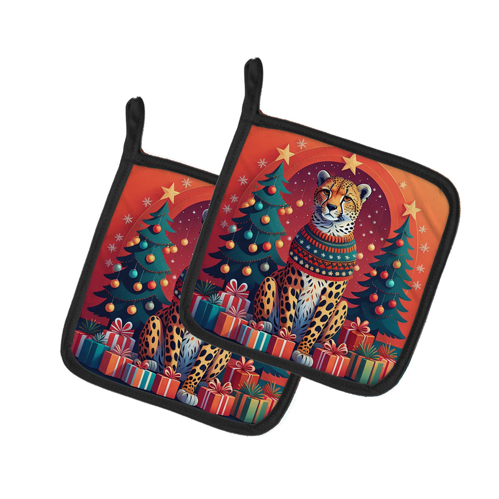 Cheetah Christmas Pot Holder Set of 2 Heat Resistant Quilted Hot Pads 7.5 x 7.5 Inch, Insulated Kitchen Trivets for Cooking & Baking