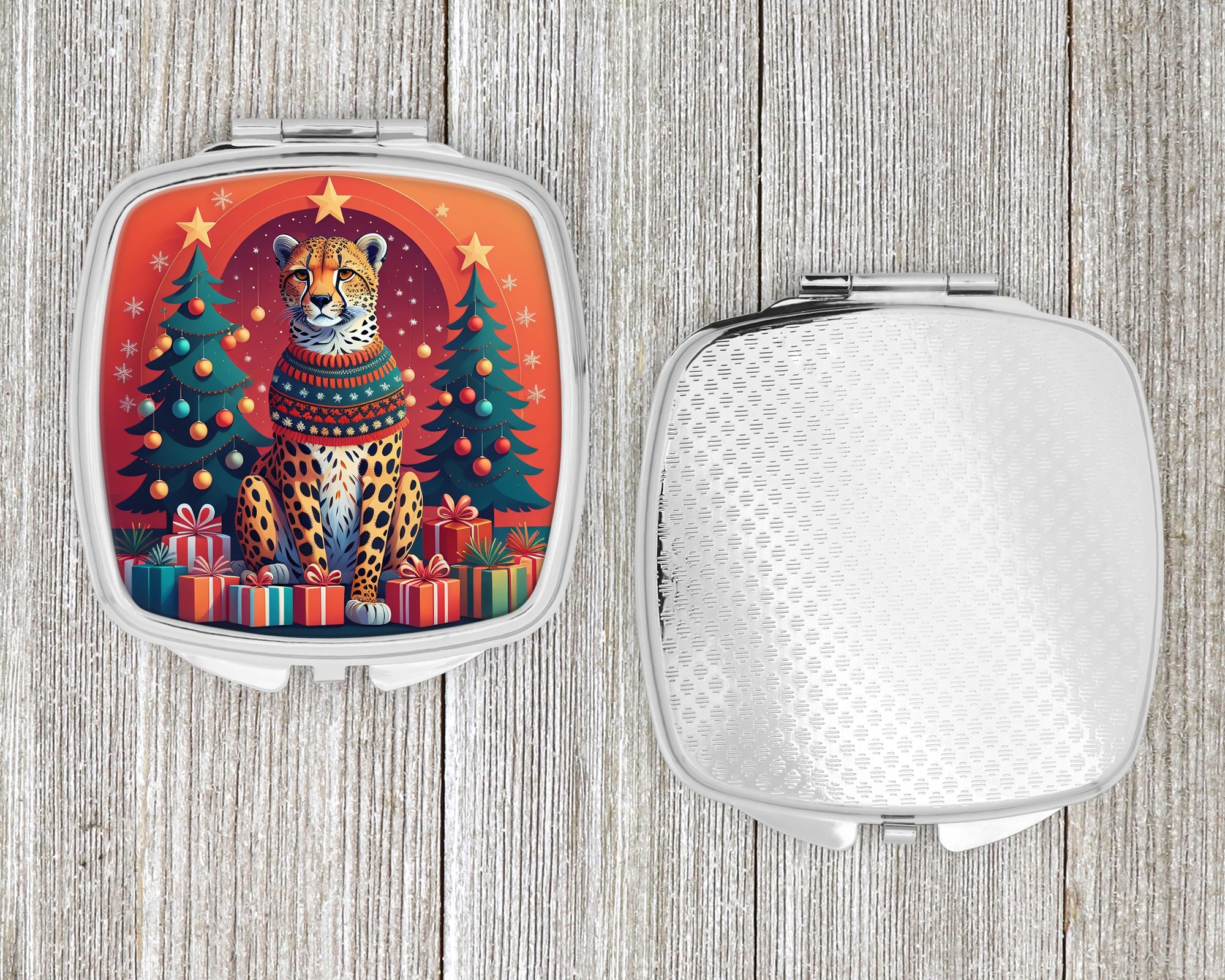 Cheetah Christmas Compact Mirror Decorative Travel Makeup Mirror for Women Girls Gifts Pocket Makeup Mirror Folding Handheld
