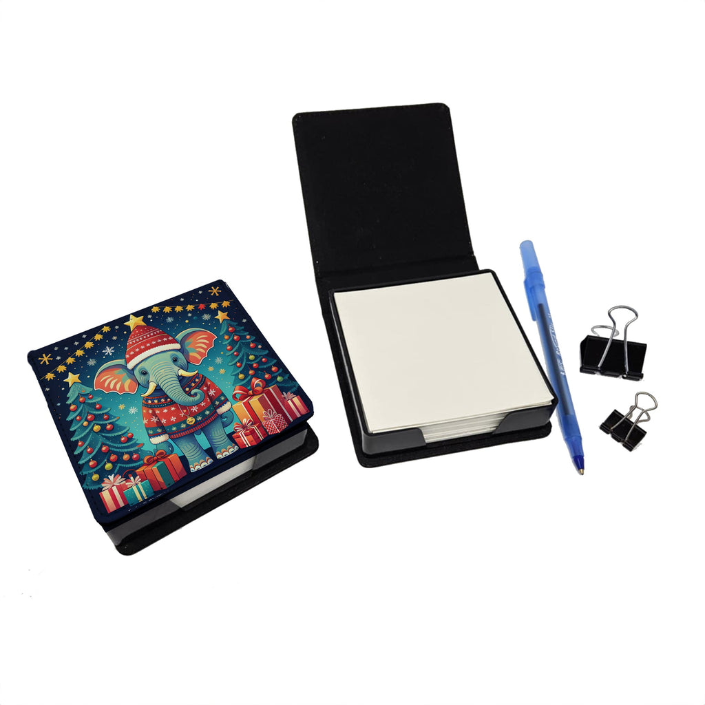 Elephant Christmas PU Leather Note Paper Holder with Artist-Designed Cover, Desk Accessory, Office Gift