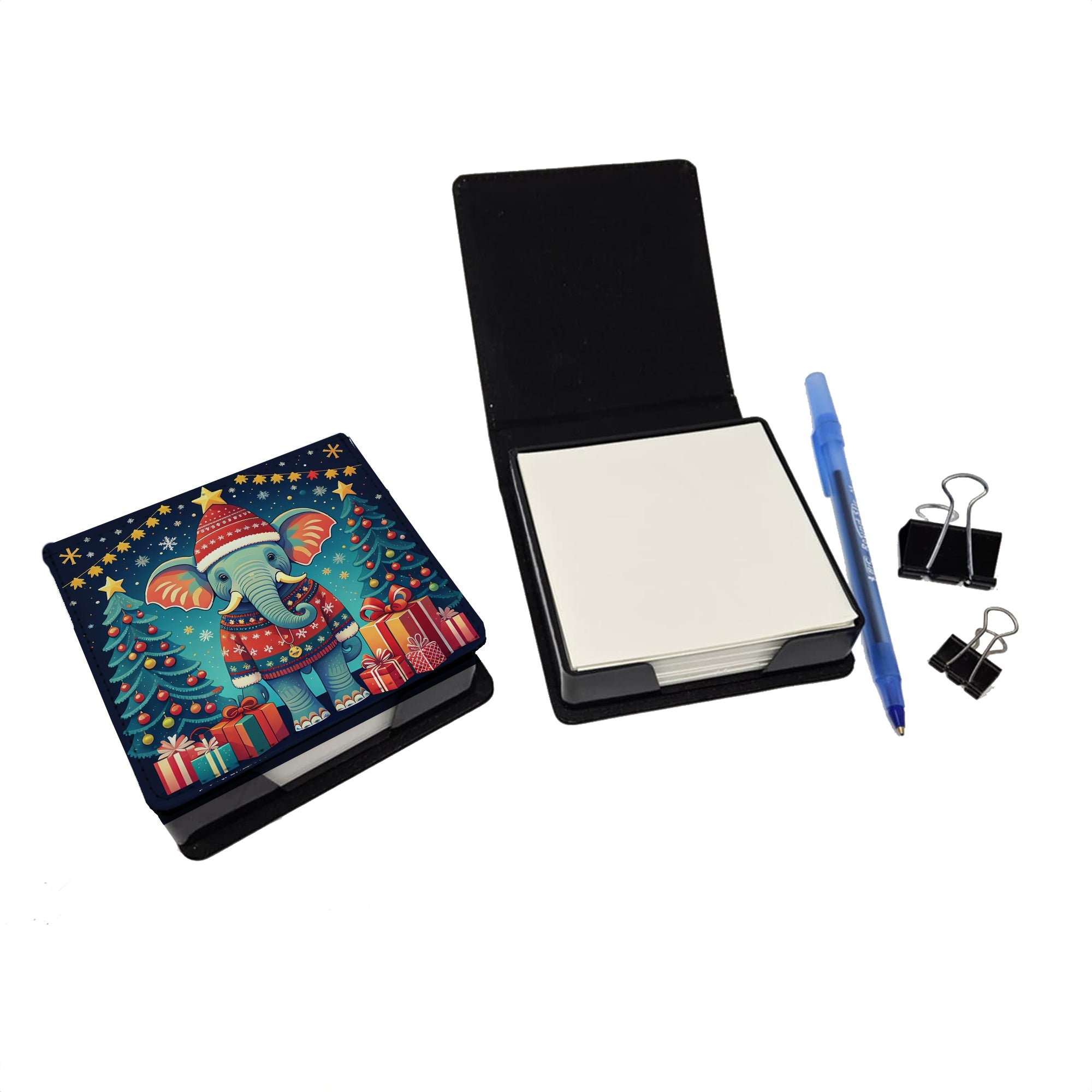 Elephant Christmas PU Leather Note Paper Holder with Artist-Designed Cover, Desk Accessory, Office Gift