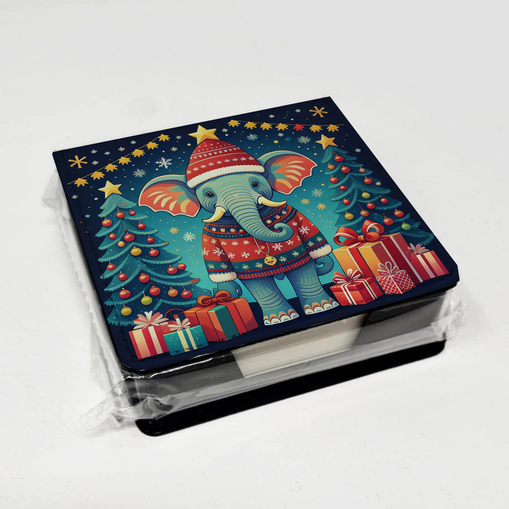 Elephant Christmas PU Leather Note Paper Holder with Artist-Designed Cover, Desk Accessory, Office Gift