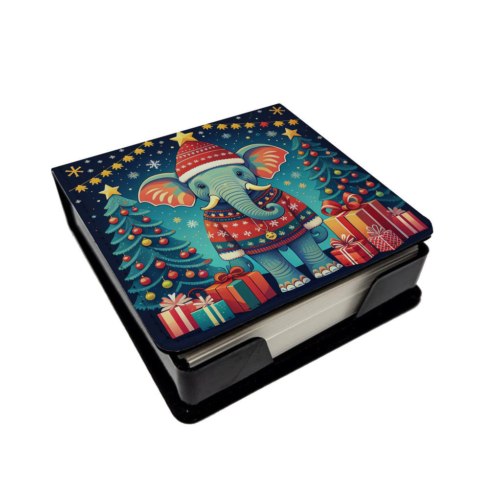 Elephant Christmas PU Leather Note Paper Holder with Artist-Designed Cover, Desk Accessory, Office Gift