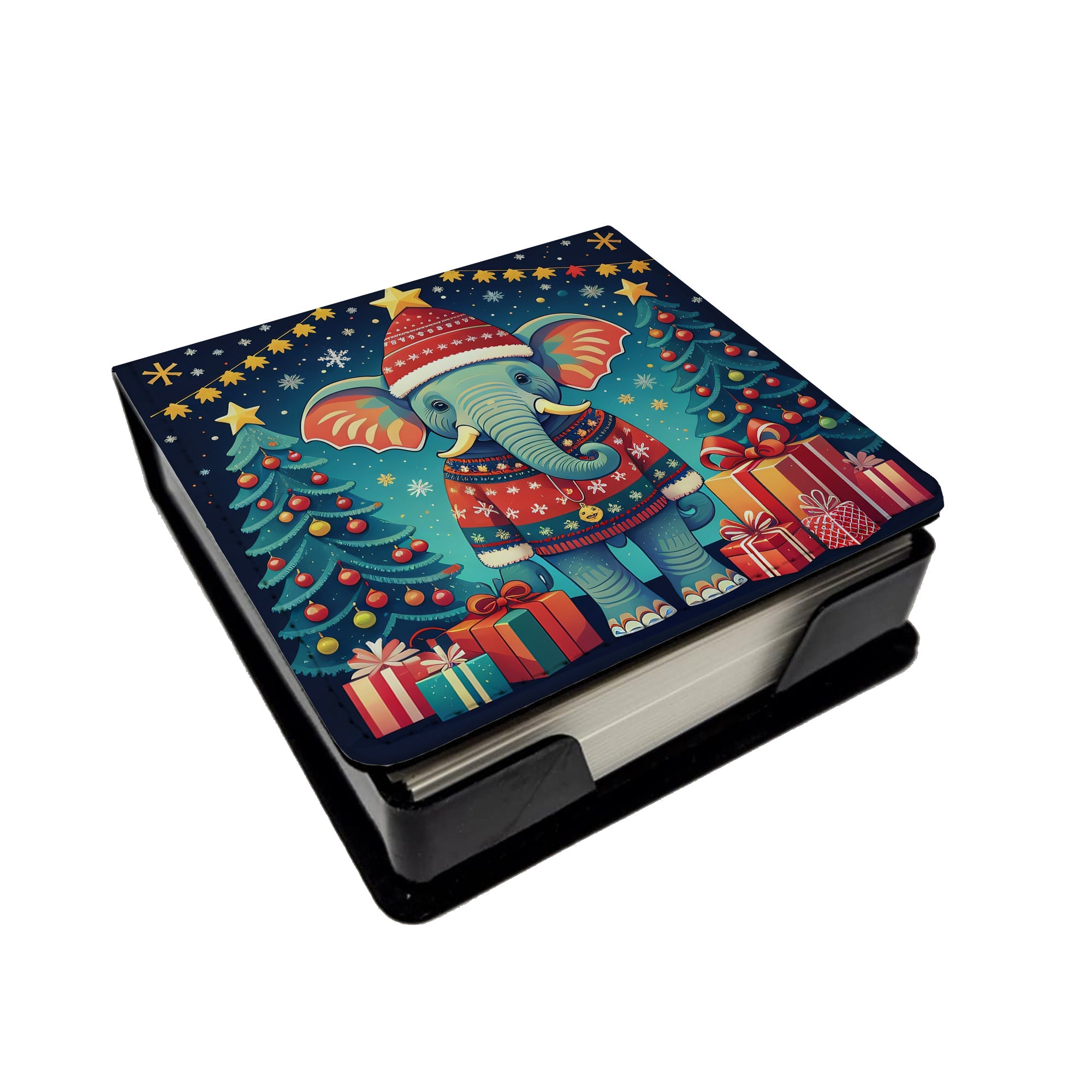 Elephant Christmas PU Leather Note Paper Holder with Artist-Designed Cover, Desk Accessory, Office Gift