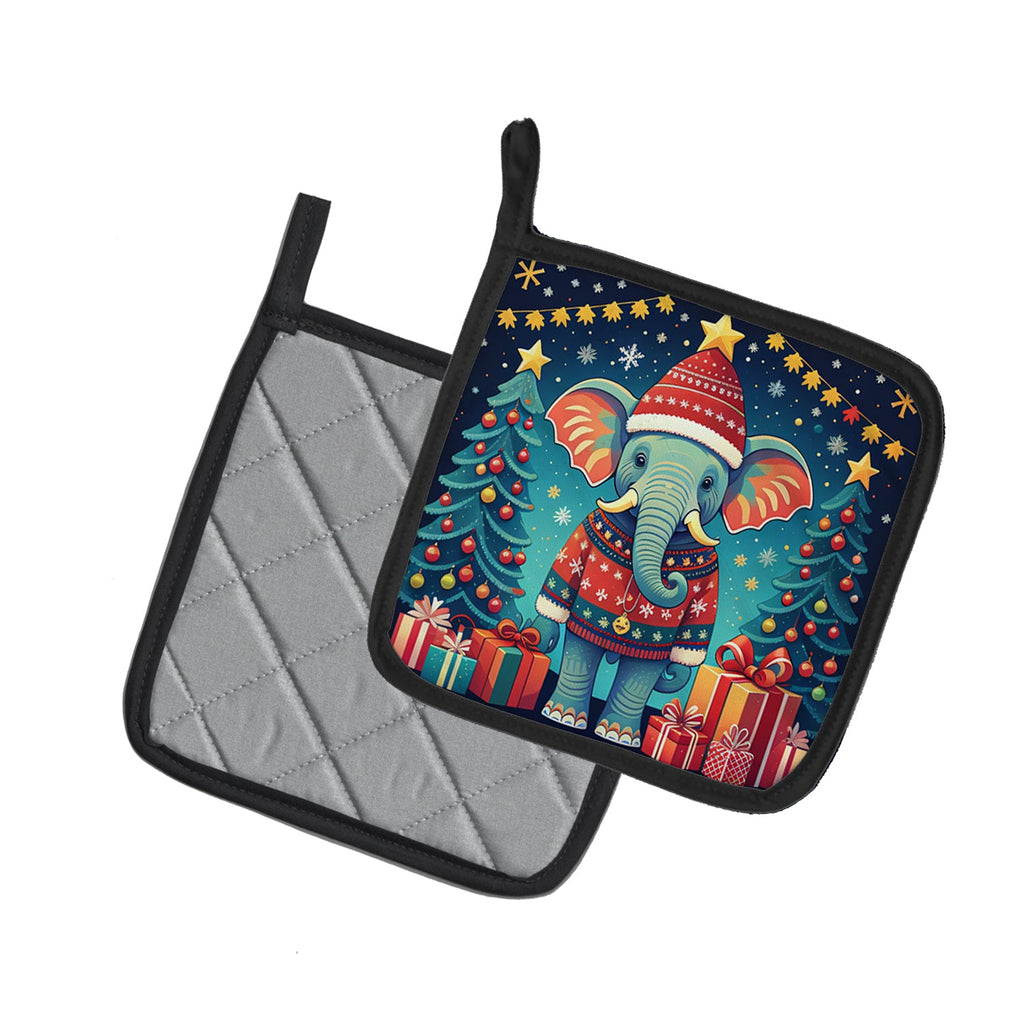 Elephant Christmas Pot Holder Set of 2 Heat Resistant Quilted Hot Pads 7.5 x 7.5 Inch, Insulated Kitchen Trivets for Cooking & Baking