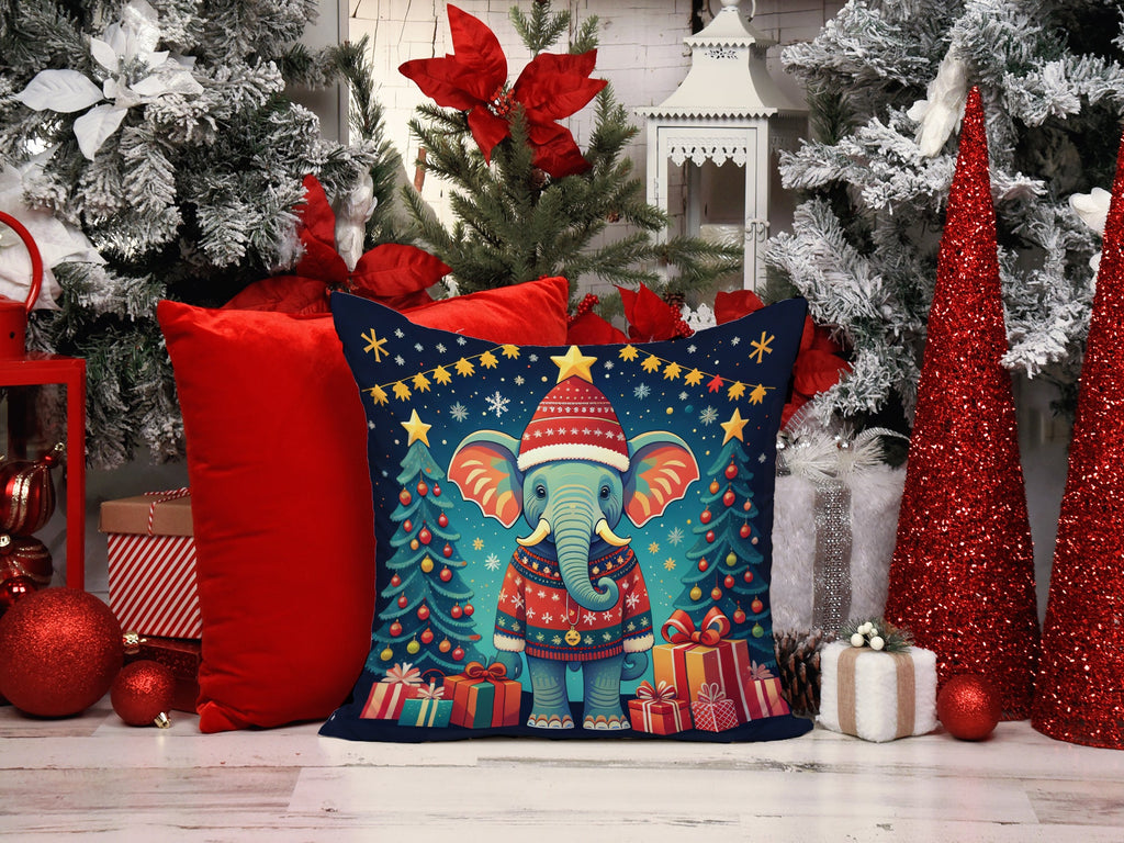 Elephant Christmas Decorative Throw Pillow 14x14 Indoor Outdoor Accent Cushion, Fabric Cover with Insert for Sofa, Bed, Porch & Living Room