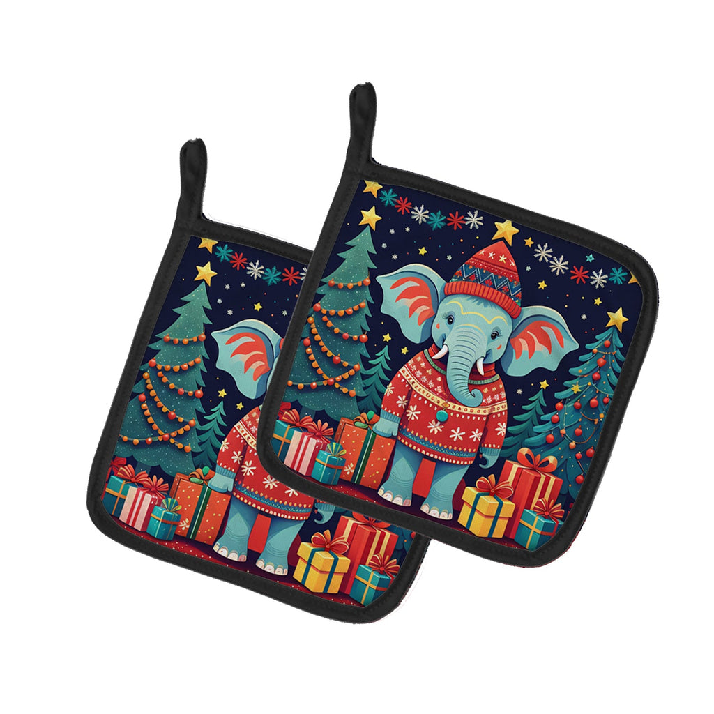 Elephant Christmas Pot Holder Set of 2 Heat Resistant Quilted Hot Pads 7.5 x 7.5 Inch, Insulated Kitchen Trivets for Cooking & Baking