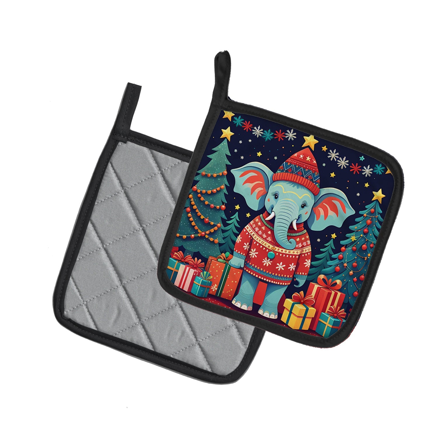 Elephant Christmas Pot Holder Set of 2 Heat Resistant Quilted Hot Pads 7.5 x 7.5 Inch, Insulated Kitchen Trivets for Cooking & Baking