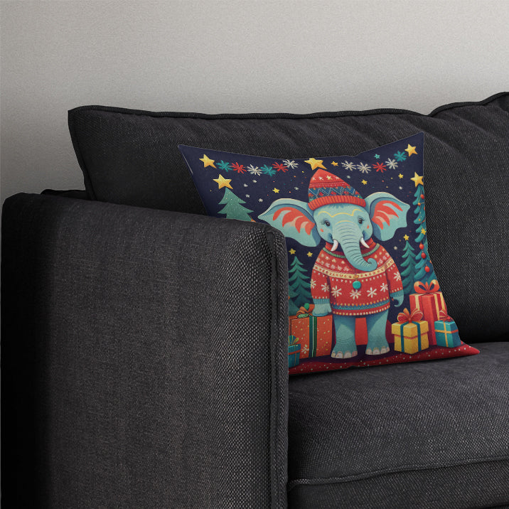 Elephant Christmas Decorative Throw Pillow 14x14 Indoor Outdoor Accent Cushion, Fabric Cover with Insert for Sofa, Bed, Porch & Living Room