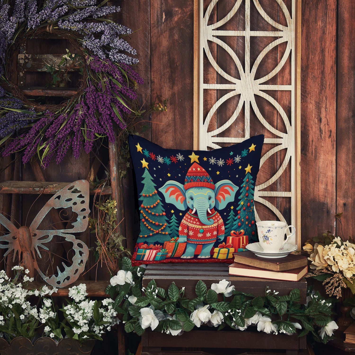 Elephant Christmas Decorative Throw Pillow 18x18 Indoor Outdoor Accent Cushion, Fabric Cover with Insert for Sofa, Bed, Porch & Living Room