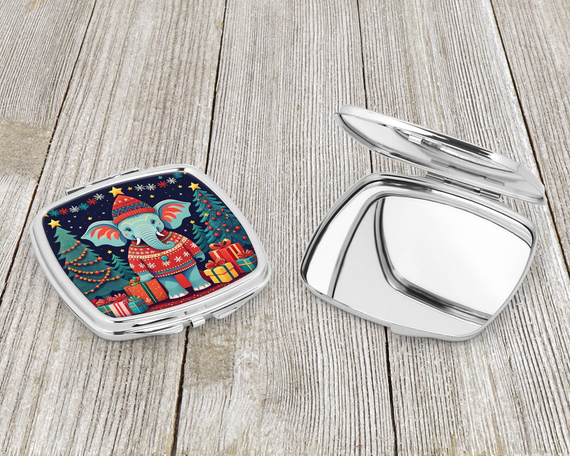 Elephant Christmas Compact Mirror Decorative Travel Makeup Mirror for Women Girls Gifts Pocket Makeup Mirror Folding Handheld