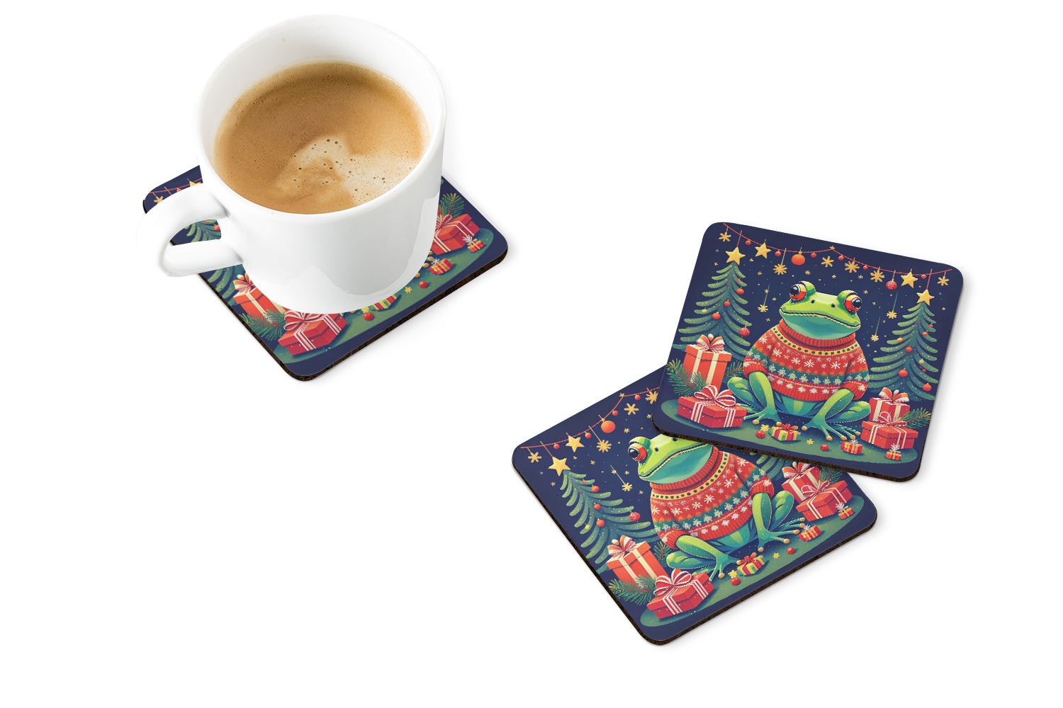 Frog Christmas Foam Coasters Set of 4 Cup Coasters for Indoor Outdoor, Tabletop Protection, Anti Slip, Mouse pad Material