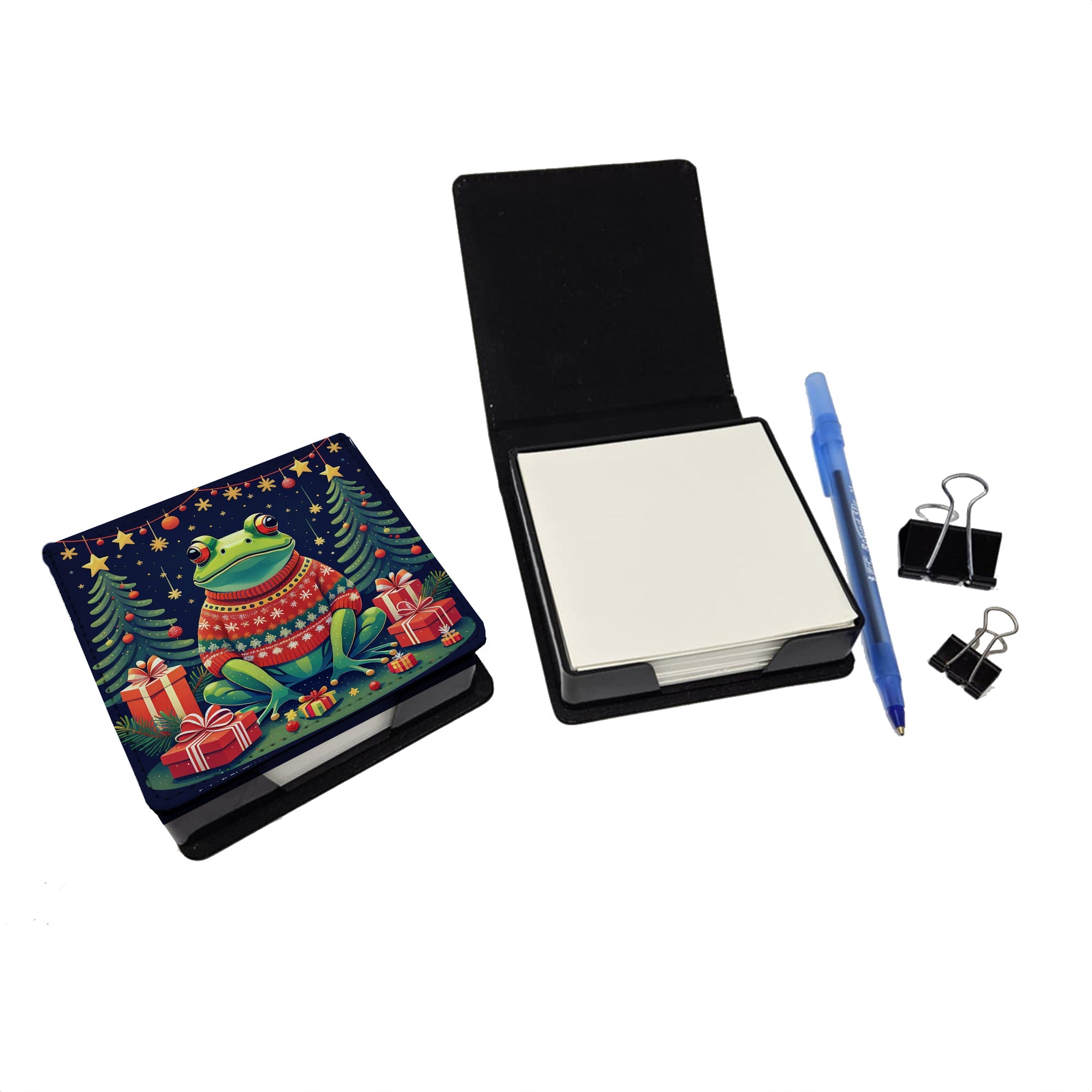 Frog Christmas PU Leather Note Paper Holder with Artist-Designed Cover, Desk Accessory, Office Gift