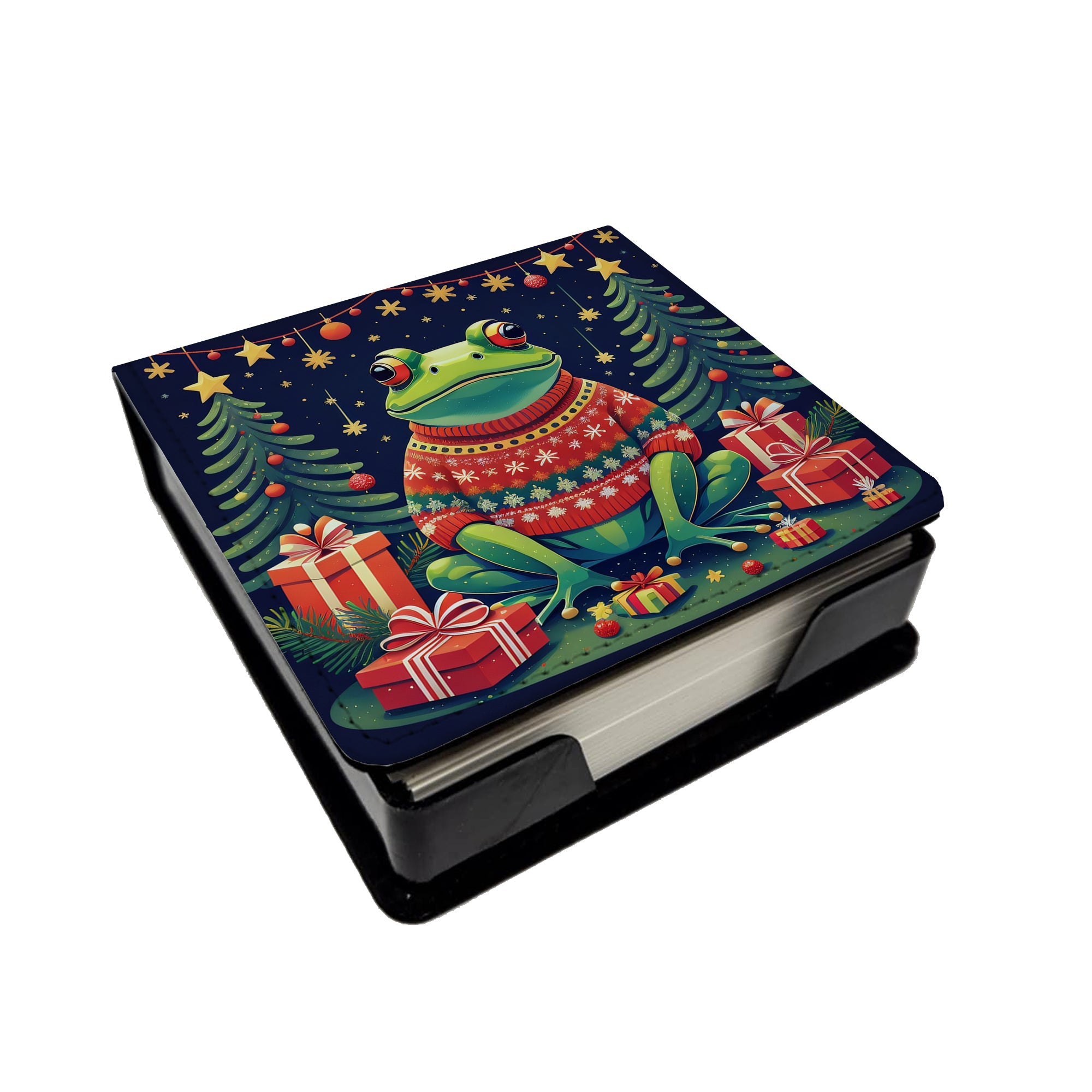 Frog Christmas PU Leather Note Paper Holder with Artist-Designed Cover, Desk Accessory, Office Gift