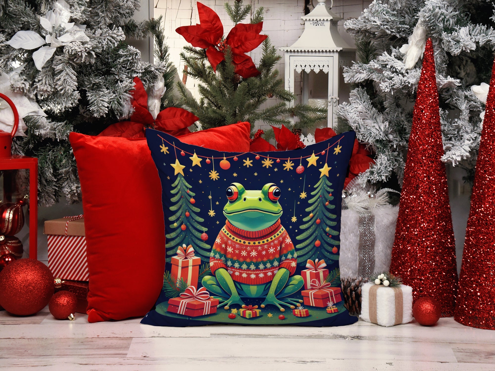 Frog Christmas Decorative Throw Pillow 18x18 Indoor Outdoor Accent Cushion, Fabric Cover with Insert for Sofa, Bed, Porch & Living Room