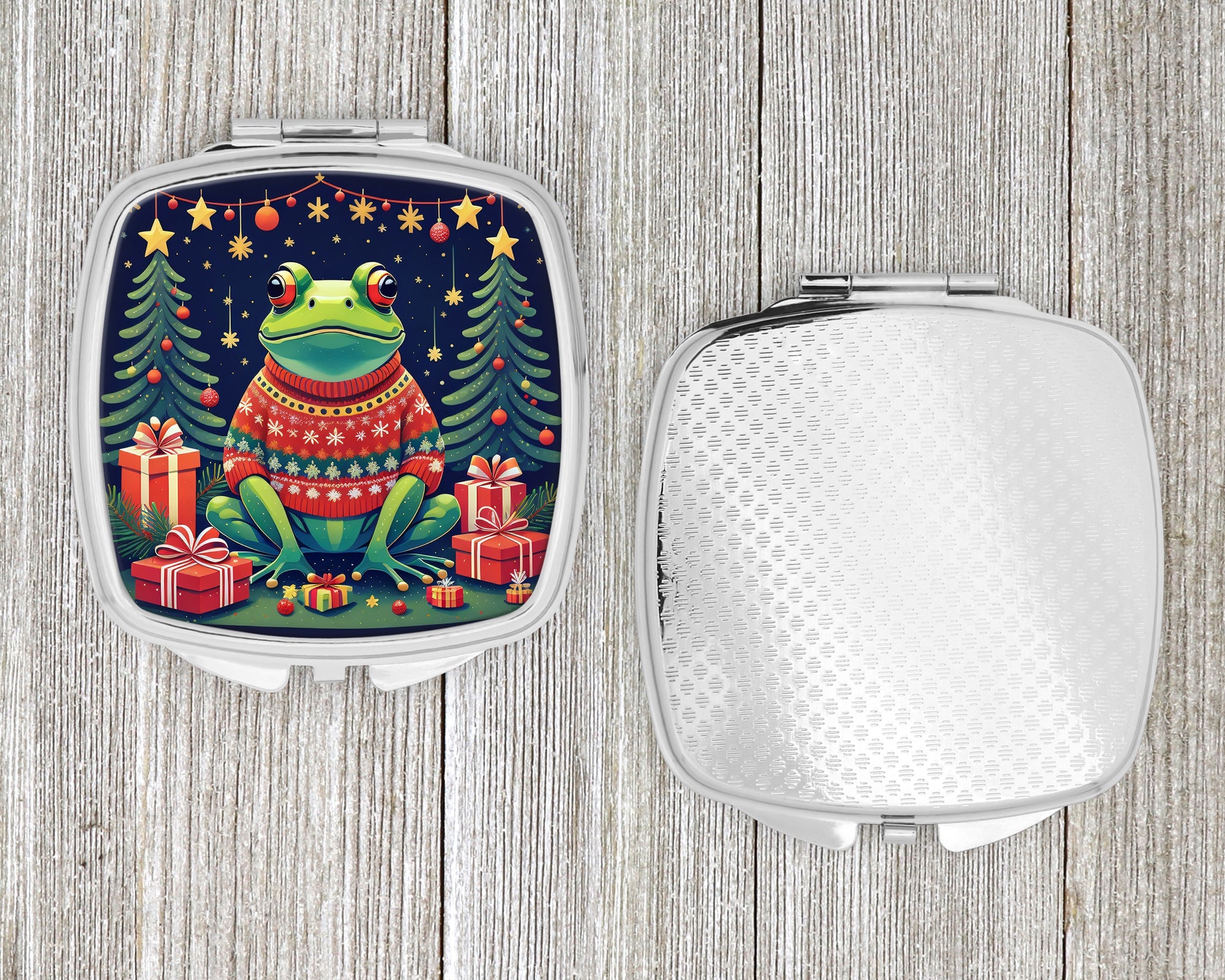 Frog Christmas Compact Mirror Decorative Travel Makeup Mirror for Women Girls Gifts Pocket Makeup Mirror Folding Handheld