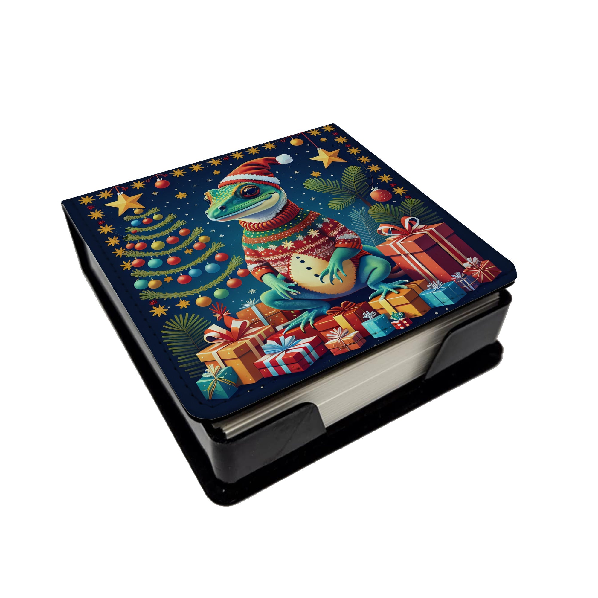 Gecko Christmas PU Leather Note Paper Holder with Artist-Designed Cover, Desk Accessory, Office Gift