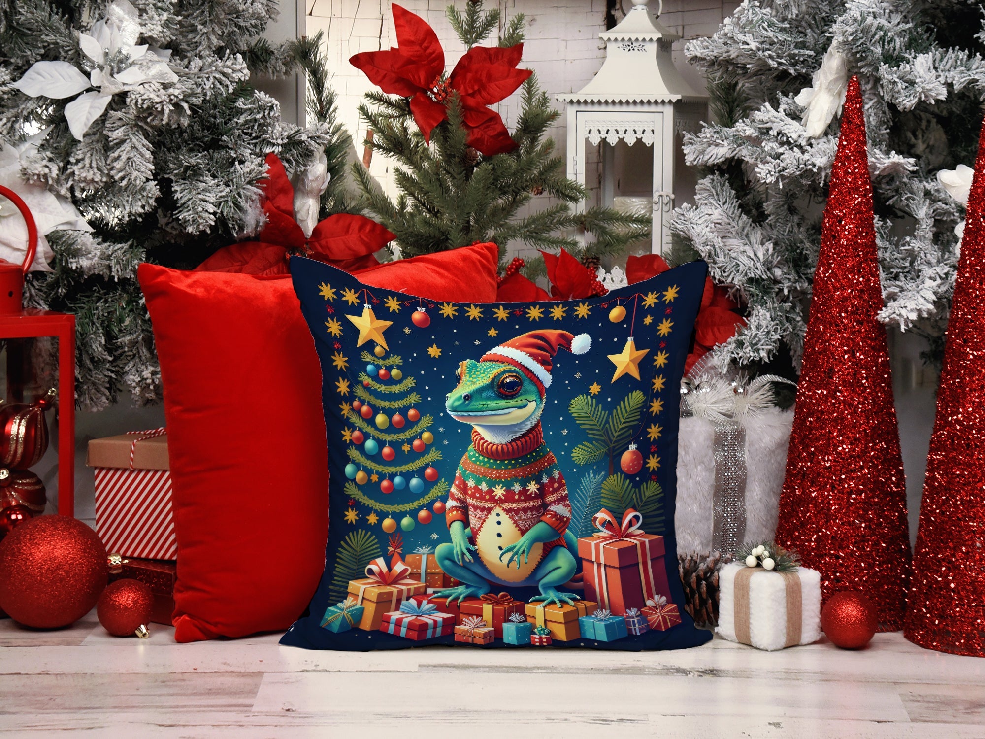 Gecko Christmas Decorative Throw Pillow 14x14 Indoor Outdoor Accent Cushion, Fabric Cover with Insert for Sofa, Bed, Porch & Living Room