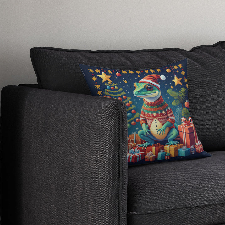 Gecko Christmas Decorative Throw Pillow 14x14 Indoor Outdoor Accent Cushion, Fabric Cover with Insert for Sofa, Bed, Porch & Living Room