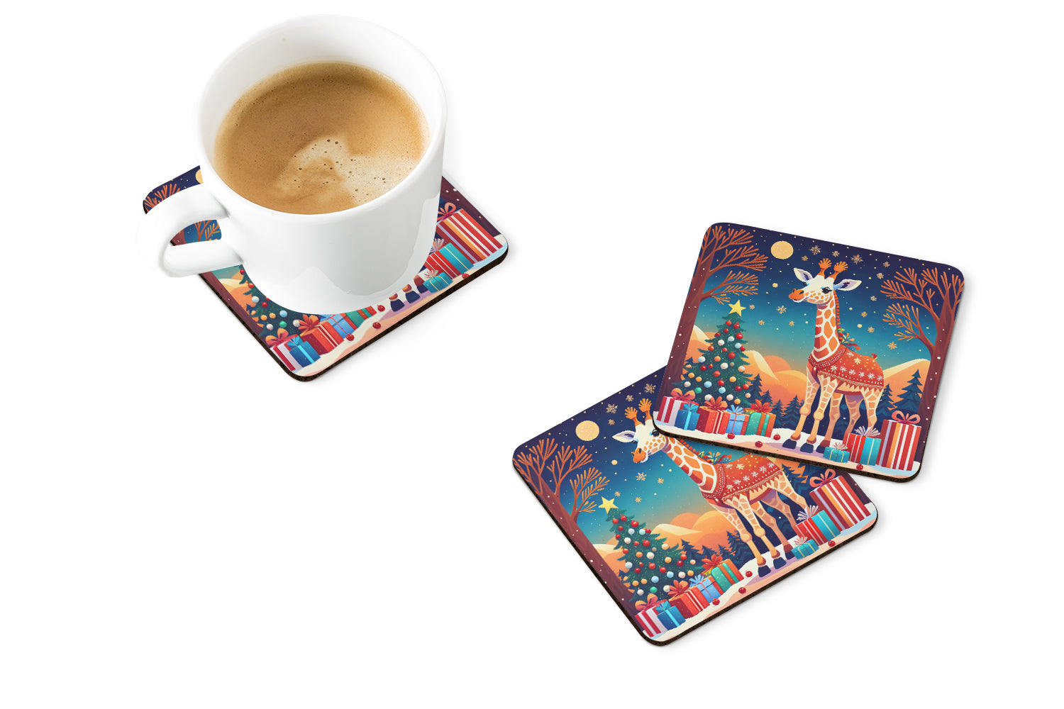 Giraffe Christmas Foam Coasters Set of 4 Cup Coasters for Indoor Outdoor, Tabletop Protection, Anti Slip, Mouse pad Material