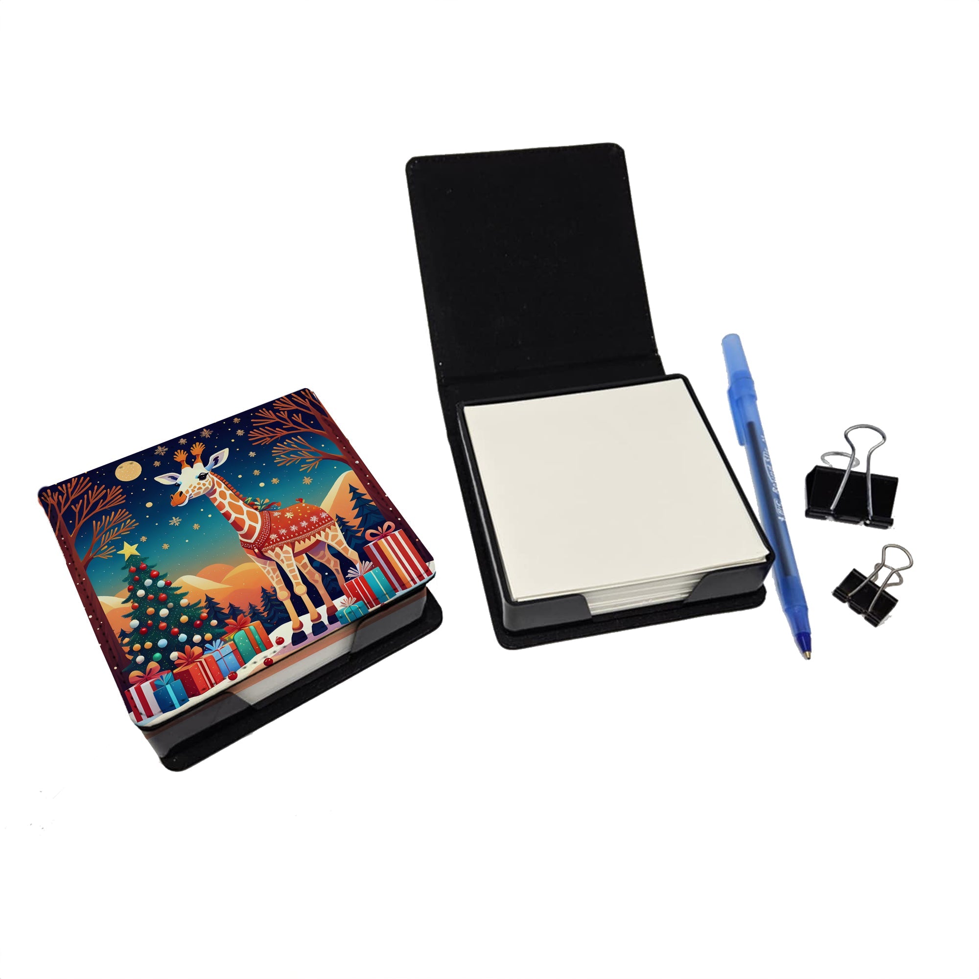 Giraffe Christmas PU Leather Note Paper Holder with Artist-Designed Cover, Desk Accessory, Office Gift