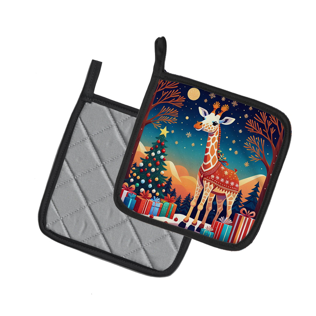 Giraffe Christmas Pot Holder Set of 2 Heat Resistant Quilted Hot Pads 7.5 x 7.5 Inch, Insulated Kitchen Trivets for Cooking & Baking