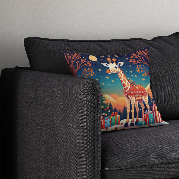 Giraffe Christmas Decorative Throw Pillow 14x14 Indoor Outdoor Accent Cushion, Fabric Cover with Insert for Sofa, Bed, Porch & Living Room