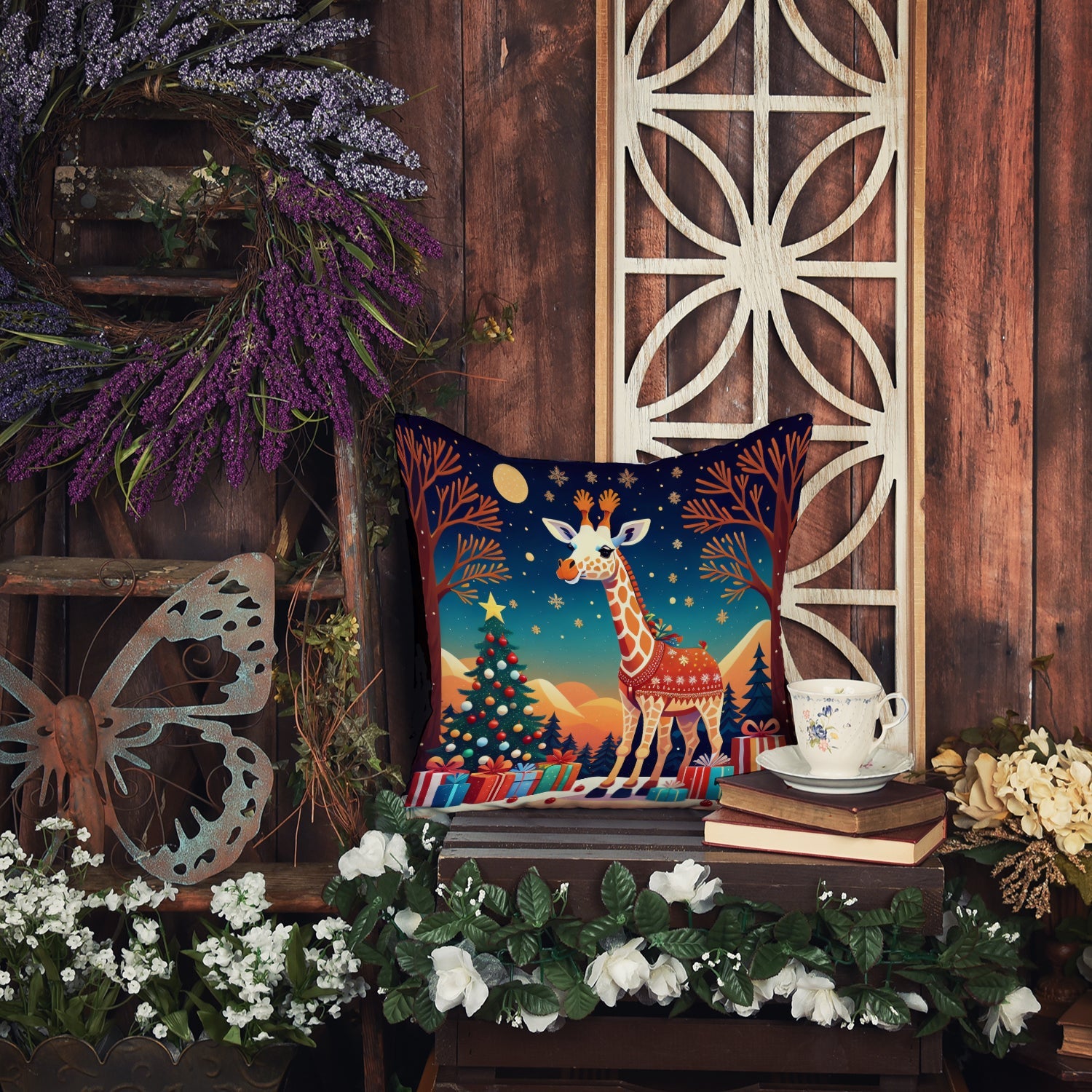 Giraffe Christmas Decorative Throw Pillow 18x18 Indoor Outdoor Accent Cushion, Fabric Cover with Insert for Sofa, Bed, Porch & Living Room