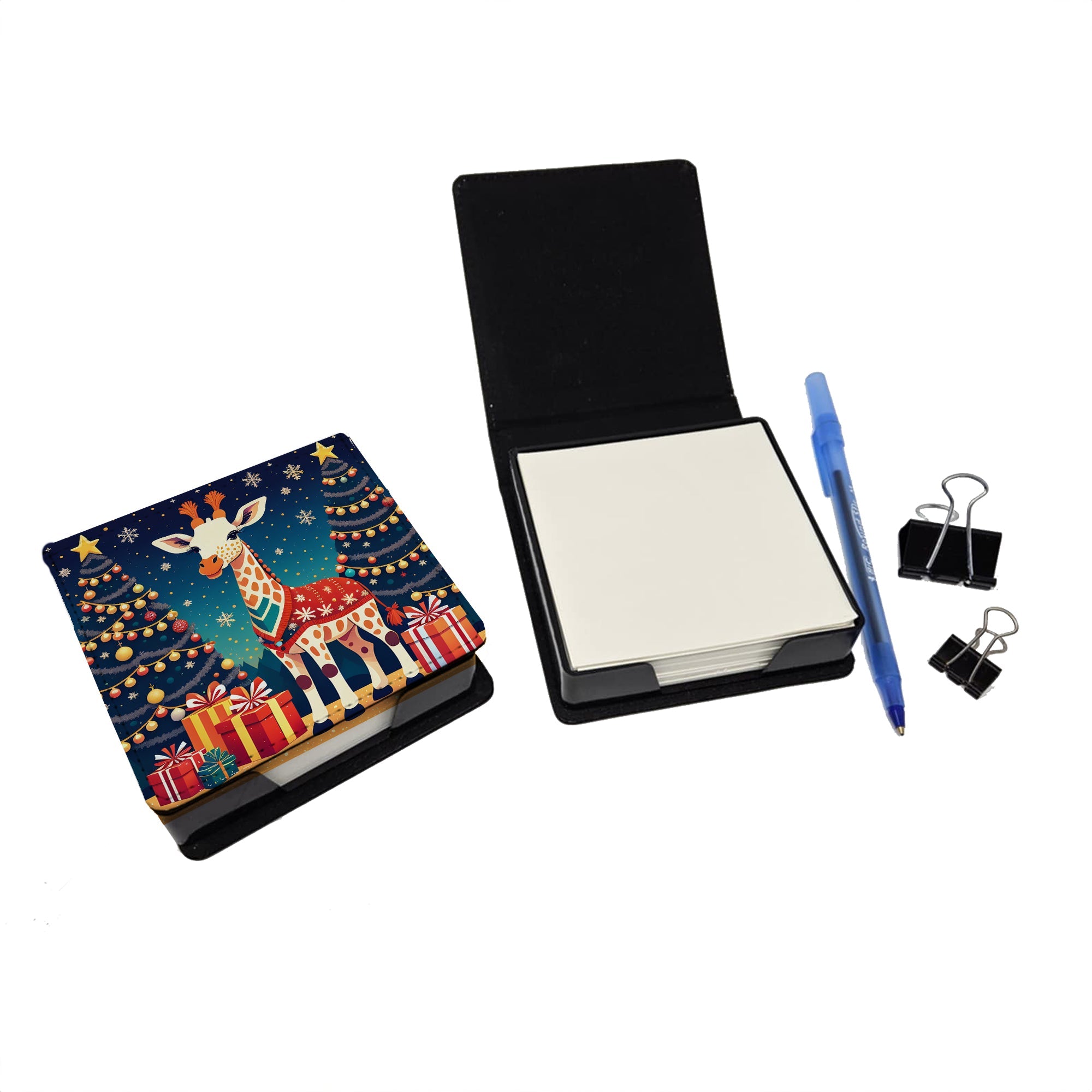 Giraffe Christmas PU Leather Note Paper Holder with Artist-Designed Cover, Desk Accessory, Office Gift
