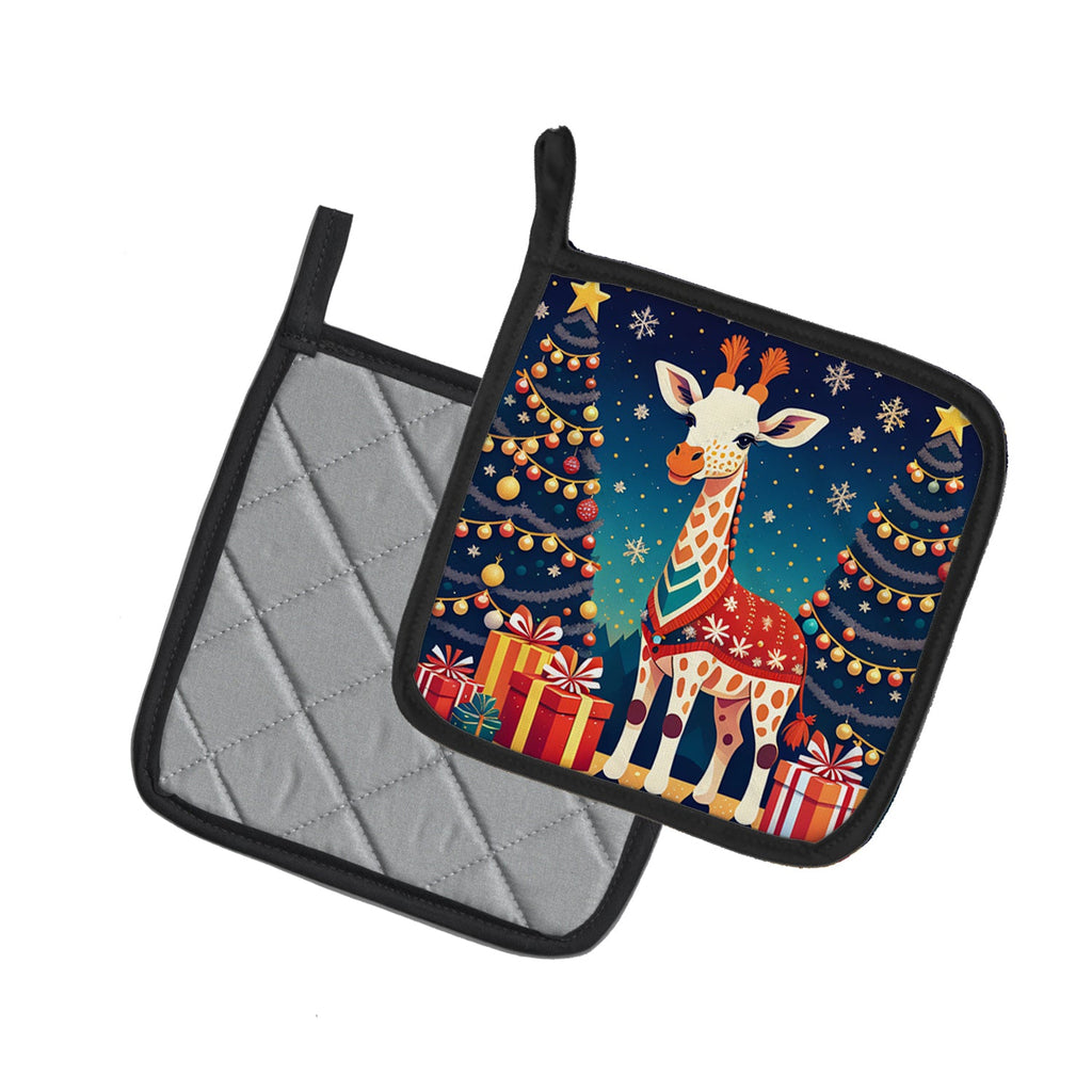 Giraffe Christmas Pot Holder Set of 2 Heat Resistant Quilted Hot Pads 7.5 x 7.5 Inch, Insulated Kitchen Trivets for Cooking & Baking