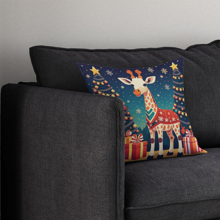 Giraffe Christmas Decorative Throw Pillow 14x14 Indoor Outdoor Accent Cushion, Fabric Cover with Insert for Sofa, Bed, Porch & Living Room
