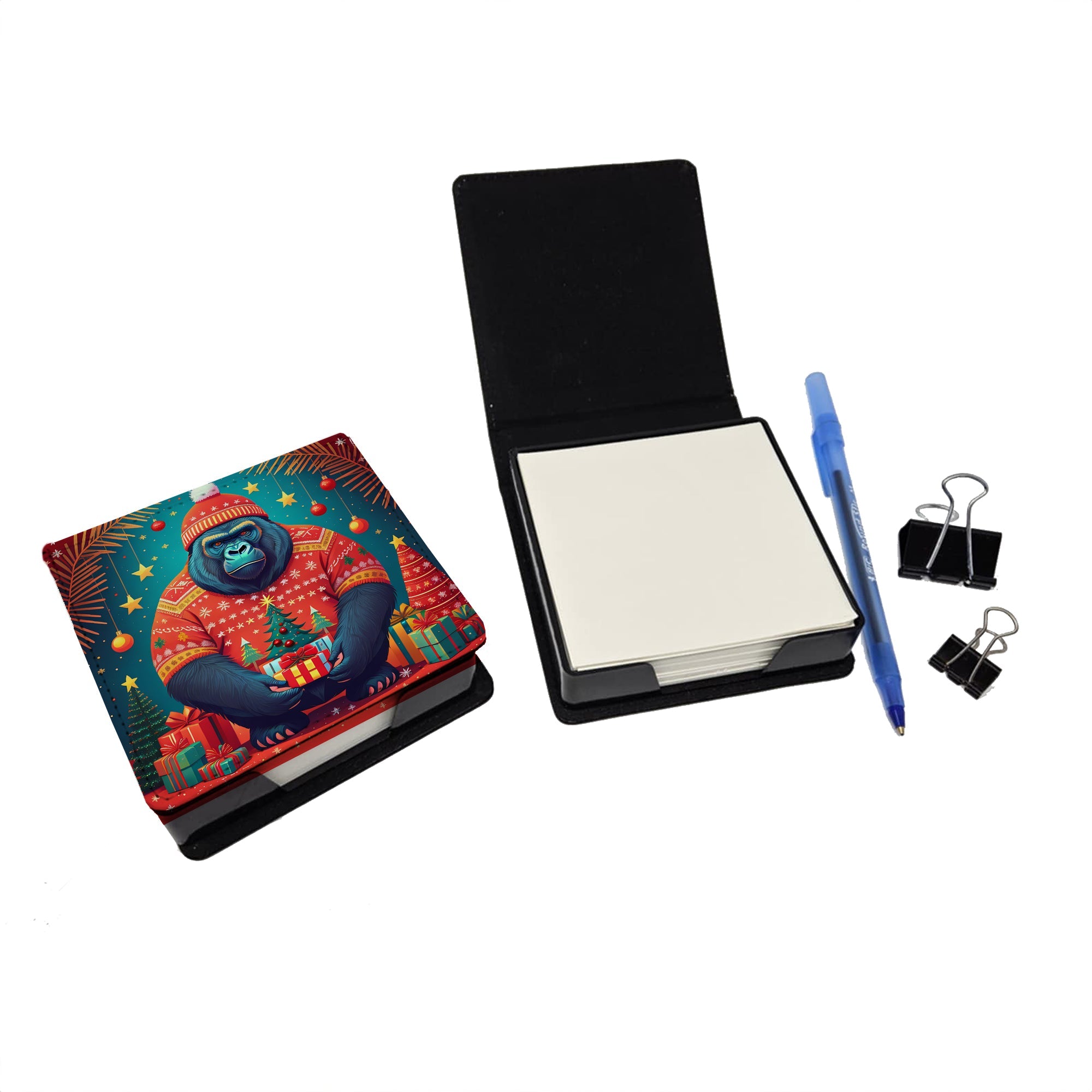 Gorilla Christmas PU Leather Note Paper Holder with Artist-Designed Cover, Desk Accessory, Office Gift