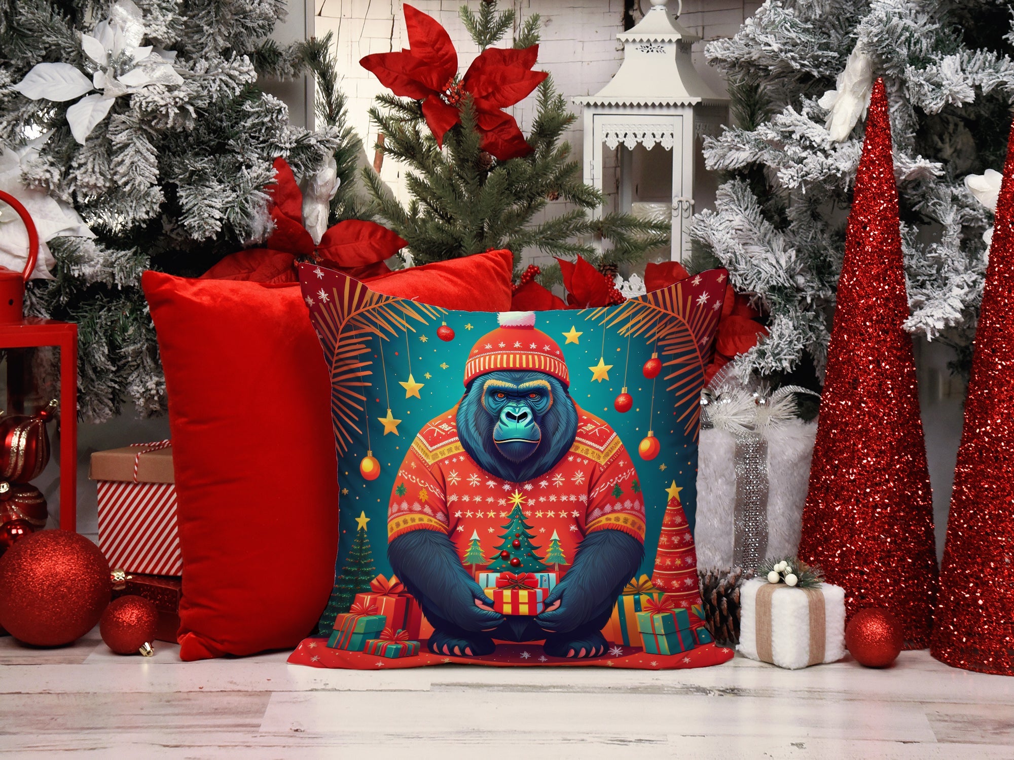 Gorilla Christmas Decorative Throw Pillow 14x14 Indoor Outdoor Accent Cushion, Fabric Cover with Insert for Sofa, Bed, Porch & Living Room