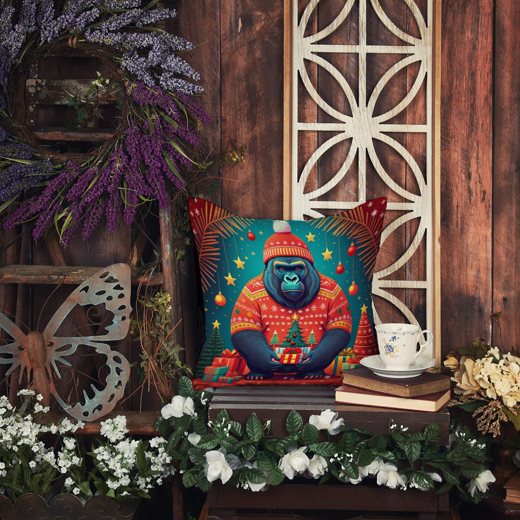 Gorilla Christmas Decorative Throw Pillow 18x18 Indoor Outdoor Accent Cushion, Fabric Cover with Insert for Sofa, Bed, Porch & Living Room