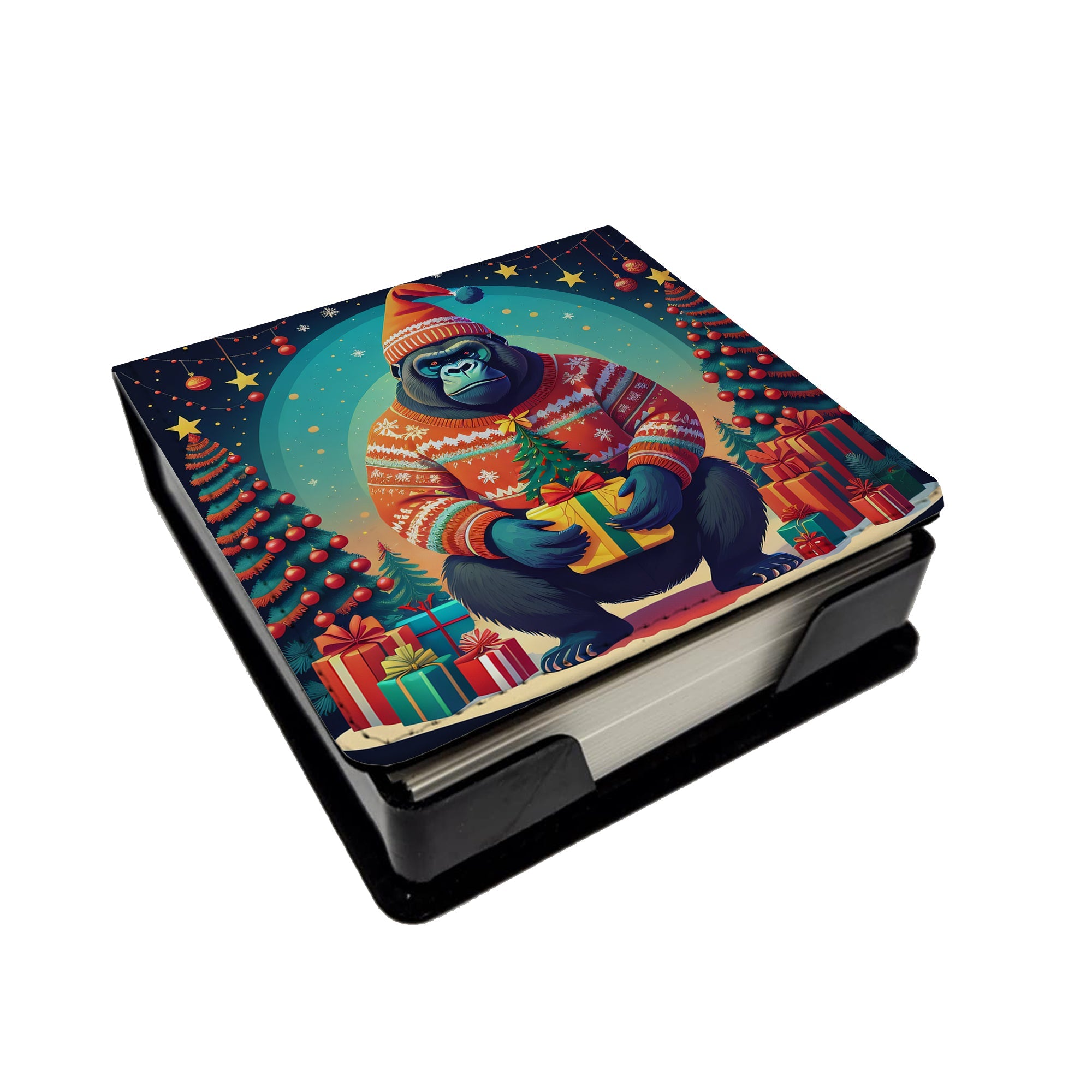 Gorilla Christmas PU Leather Note Paper Holder with Artist-Designed Cover, Desk Accessory, Office Gift