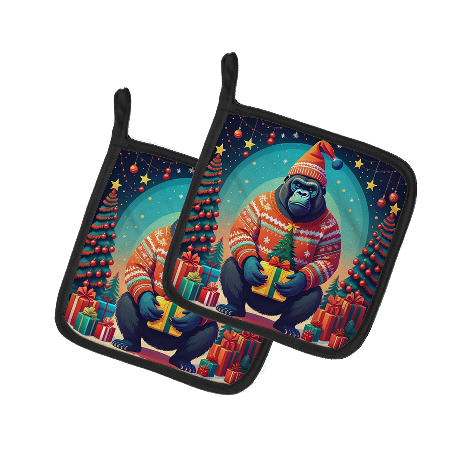 Gorilla Christmas Pot Holder Set of 2 Heat Resistant Quilted Hot Pads 7.5 x 7.5 Inch, Insulated Kitchen Trivets for Cooking & Baking
