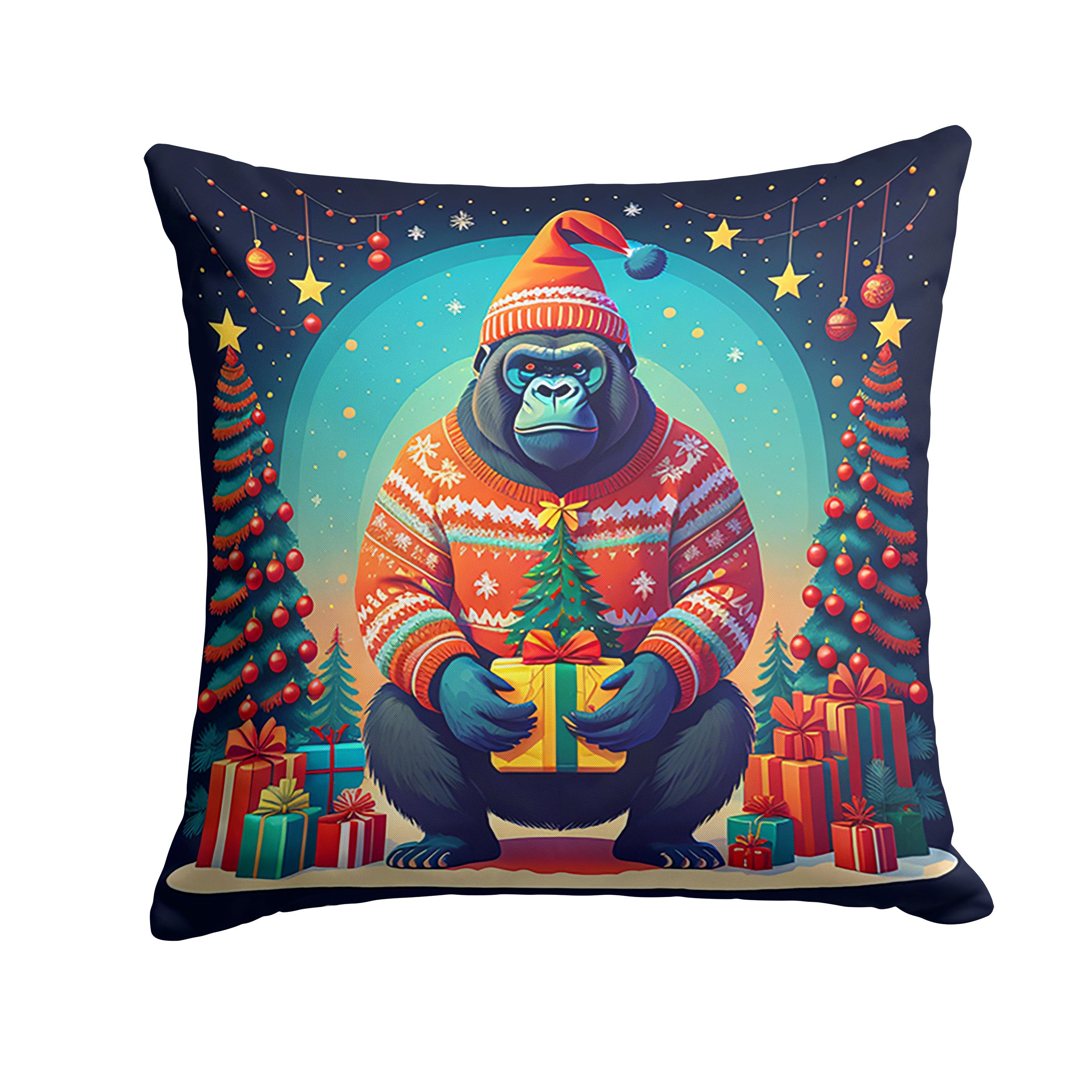 Gorilla Christmas Decorative Throw Pillow 14x14 Indoor Outdoor Accent Cushion, Fabric Cover with Insert for Sofa, Bed, Porch & Living Room