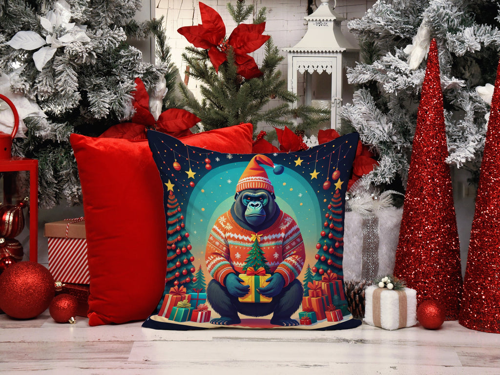 Gorilla Christmas Decorative Throw Pillow 14x14 Indoor Outdoor Accent Cushion, Fabric Cover with Insert for Sofa, Bed, Porch & Living Room
