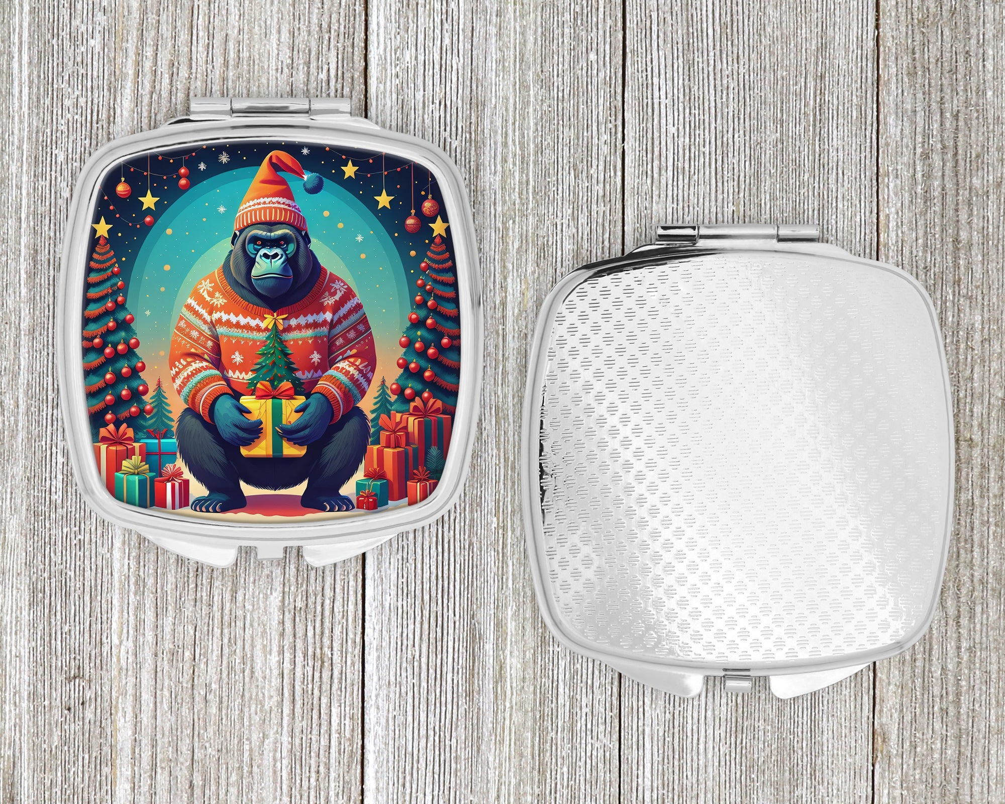 Gorilla Christmas Compact Mirror Decorative Travel Makeup Mirror for Women Girls Gifts Pocket Makeup Mirror Folding Handheld