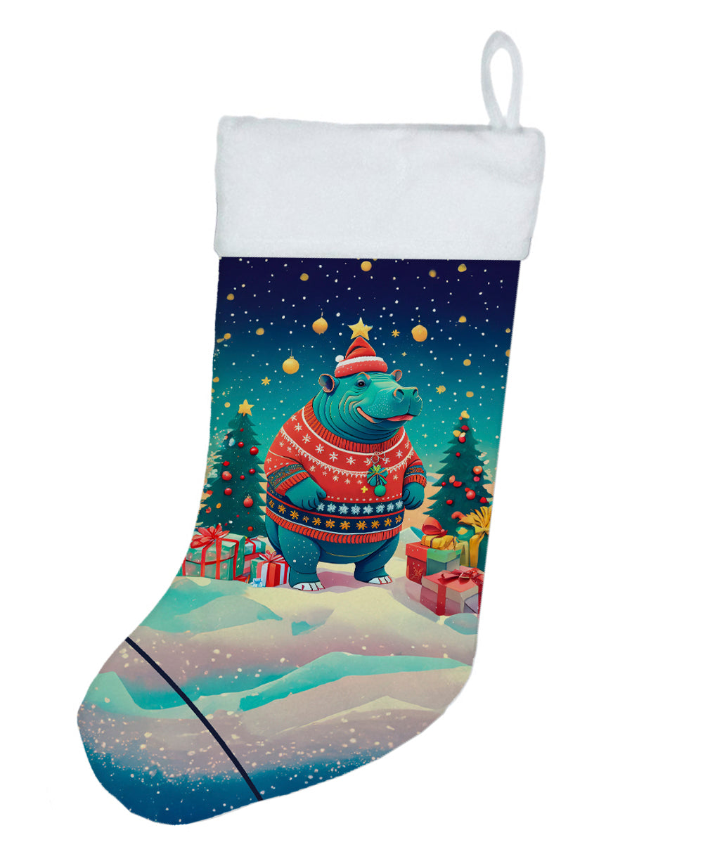 Hippopotamus Christmas Holiday Stocking Double-Sided Print, Polyester Suede,11x18, Made in USA
