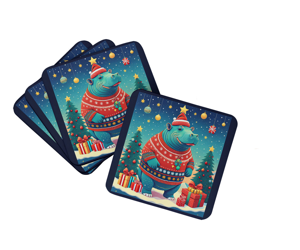 Hippopotamus Christmas Foam Coasters Set of 4 Cup Coasters for Indoor Outdoor, Tabletop Protection, Anti Slip, Mouse pad Material