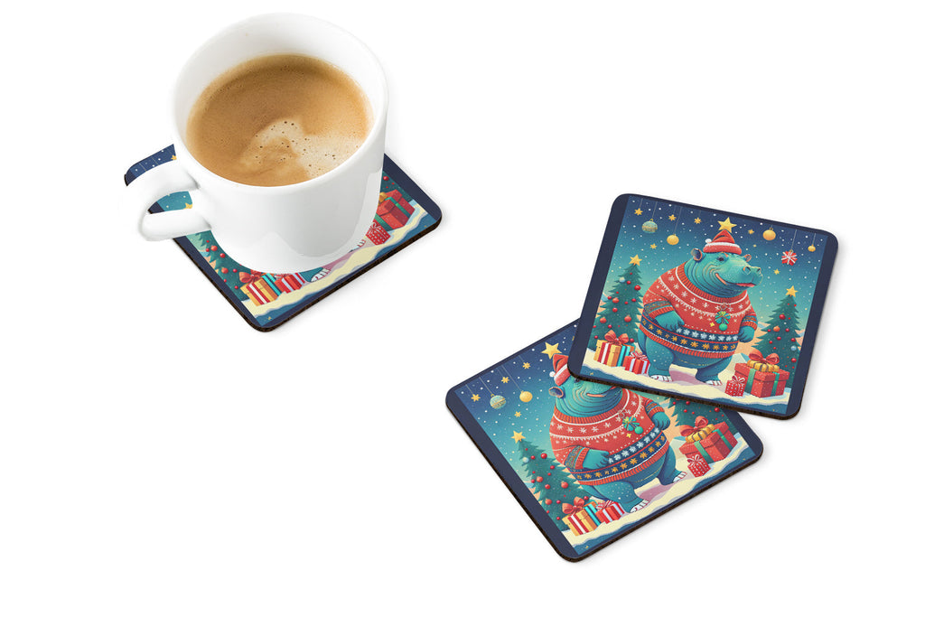 Hippopotamus Christmas Foam Coasters Set of 4 Cup Coasters for Indoor Outdoor, Tabletop Protection, Anti Slip, Mouse pad Material