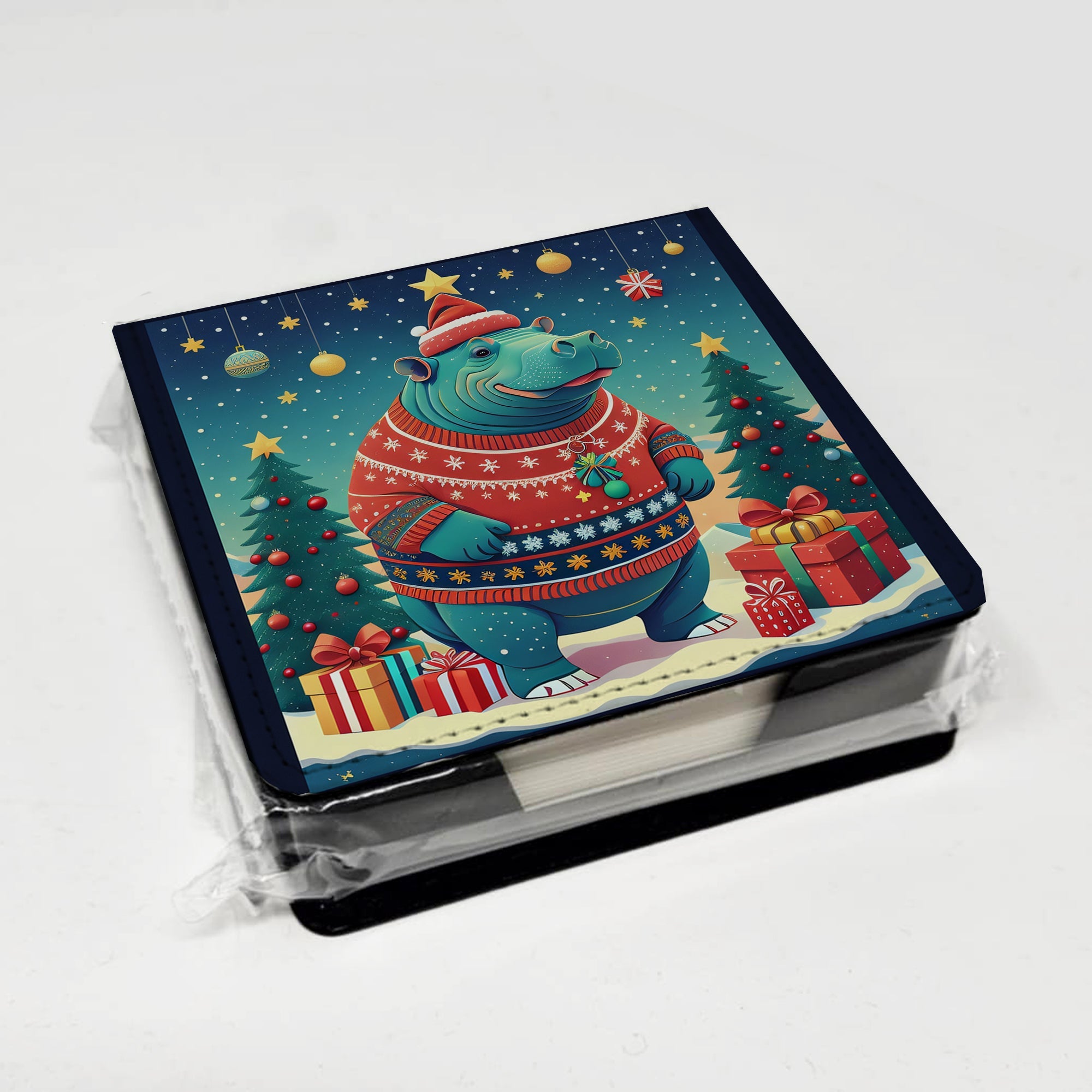 Hippopotamus Christmas PU Leather Note Paper Holder with Artist-Designed Cover, Desk Accessory, Office Gift
