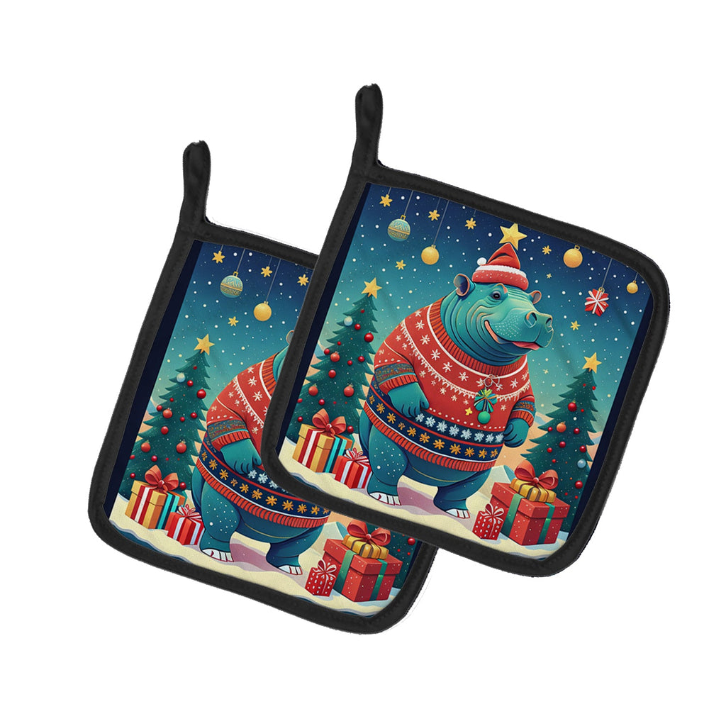 Hippopotamus Christmas Pot Holder Set of 2 Heat Resistant Quilted Hot Pads 7.5 x 7.5 Inch, Insulated Kitchen Trivets for Cooking & Baking