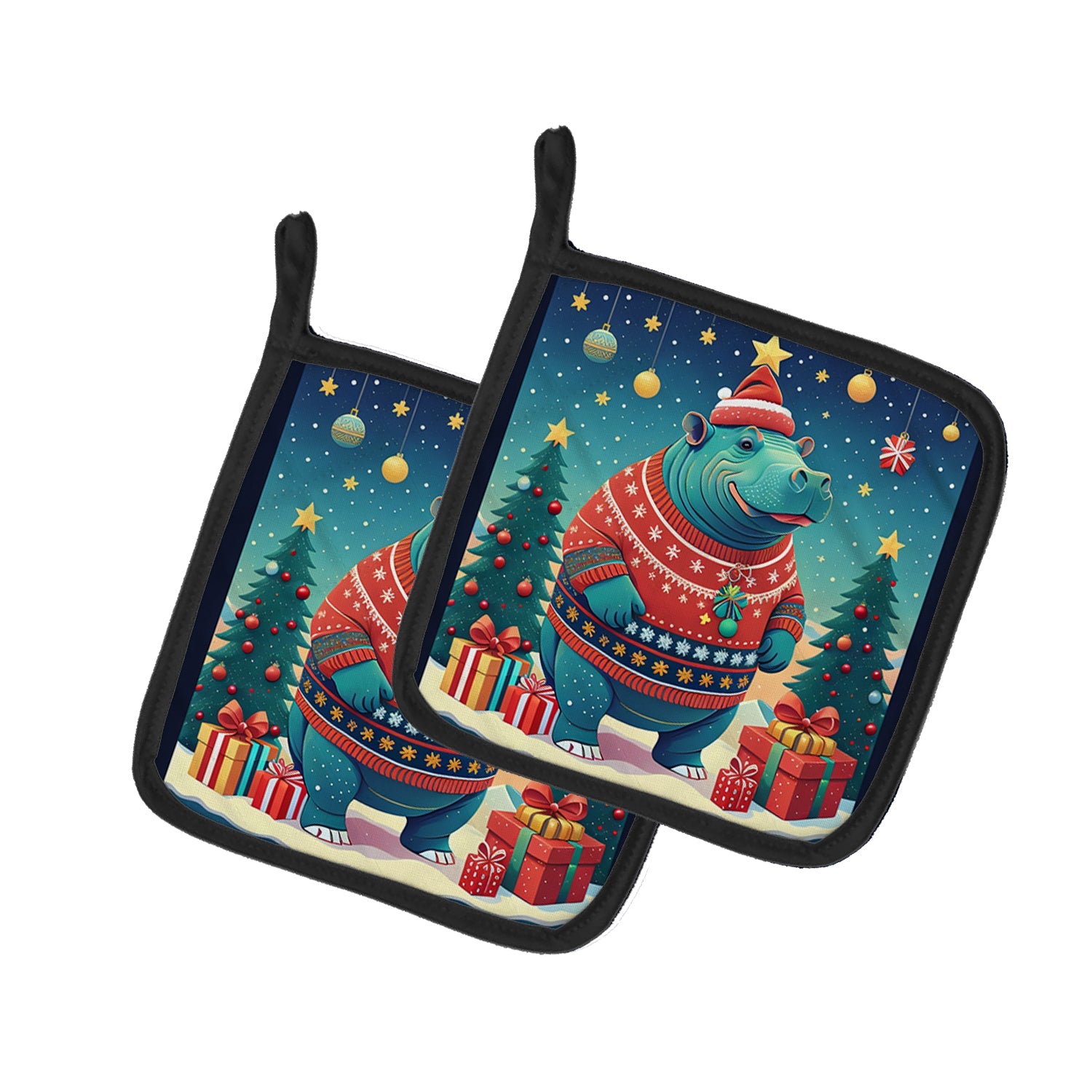 Hippopotamus Christmas Pot Holder Set of 2 Heat Resistant Quilted Hot Pads 7.5 x 7.5 Inch, Insulated Kitchen Trivets for Cooking & Baking
