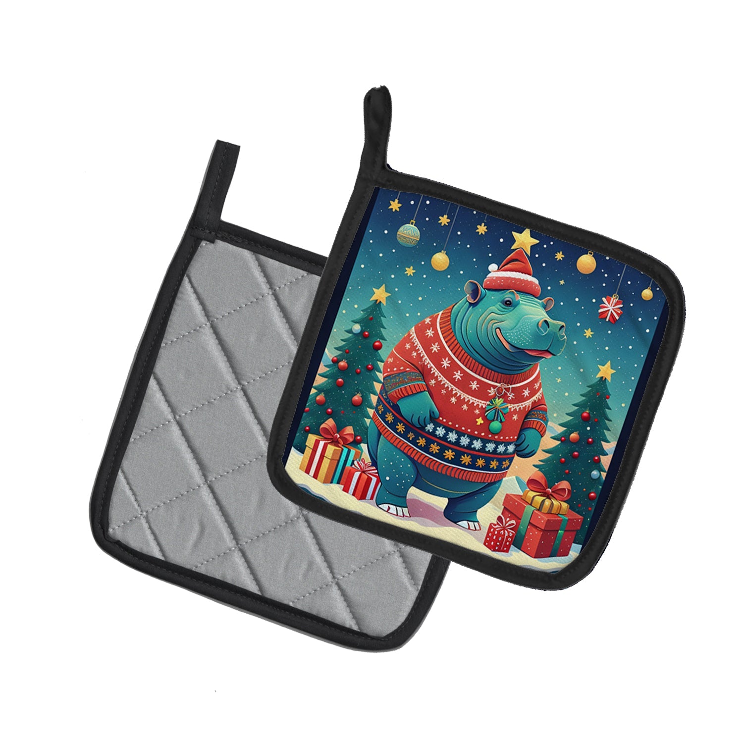 Hippopotamus Christmas Pot Holder Set of 2 Heat Resistant Quilted Hot Pads 7.5 x 7.5 Inch, Insulated Kitchen Trivets for Cooking & Baking