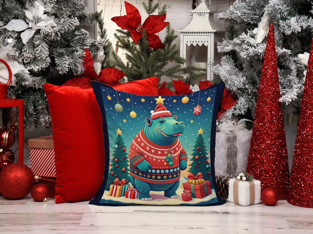 Hippopotamus Christmas Decorative Throw Pillow 14x14 Indoor Outdoor Accent Cushion, Fabric Cover with Insert for Sofa, Bed, Porch & Living Room