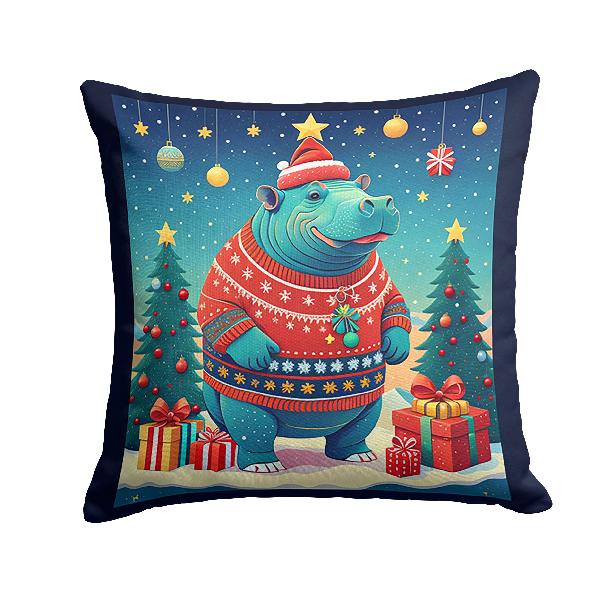 Hippopotamus Christmas Decorative Throw Pillow 18x18 Indoor Outdoor Accent Cushion, Fabric Cover with Insert for Sofa, Bed, Porch & Living Room