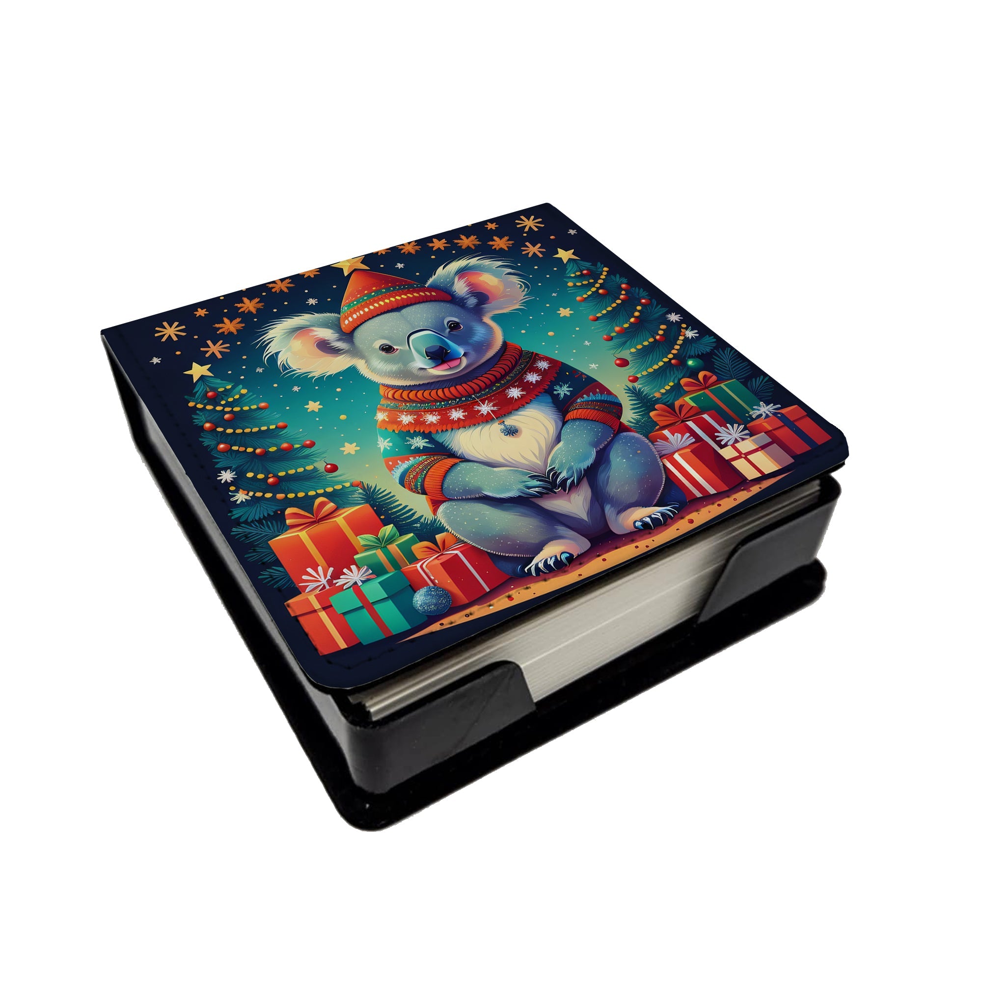 Koala Christmas PU Leather Note Paper Holder with Artist-Designed Cover, Desk Accessory, Office Gift