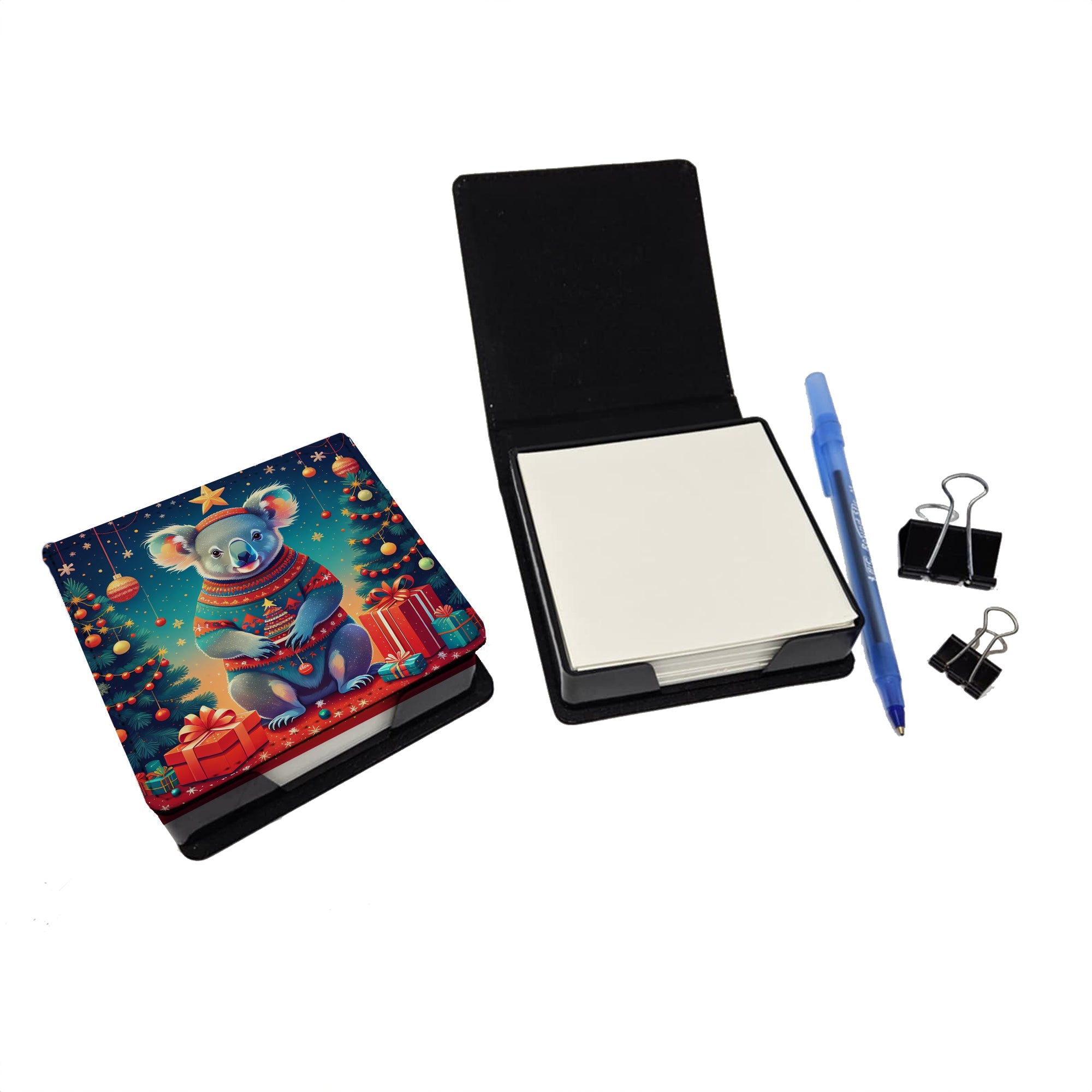 Koala Christmas PU Leather Note Paper Holder with Artist-Designed Cover, Desk Accessory, Office Gift