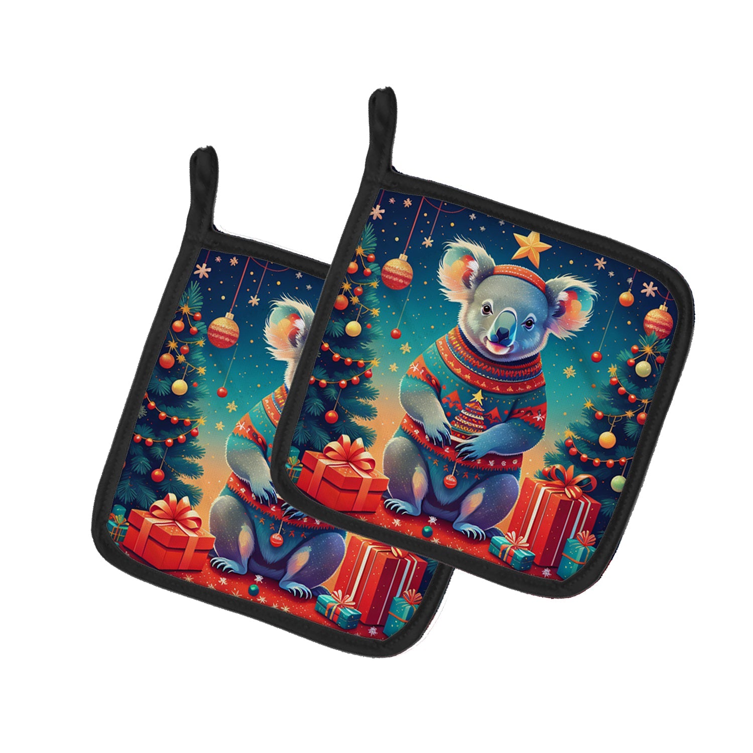 Koala Christmas Pot Holder Set of 2 Heat Resistant Quilted Hot Pads 7.5 x 7.5 Inch, Insulated Kitchen Trivets for Cooking & Baking